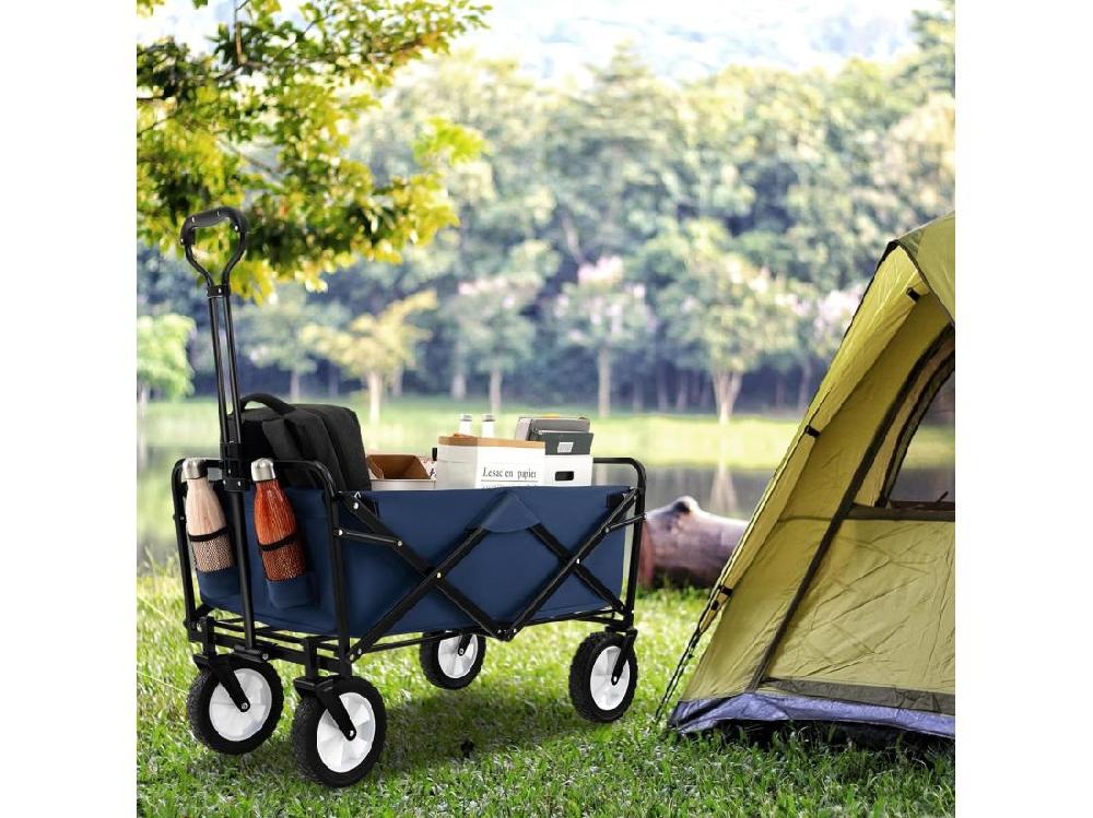 Vente Unique Chariot De Plage Pliable 82 L Chariot De Transport Avec Poignée Réglable Et Porte-Boissons Charge 68 Kg Chariot Utilitaire Extérieur Pour Jardin CamBoisg Pêche (Marine)
