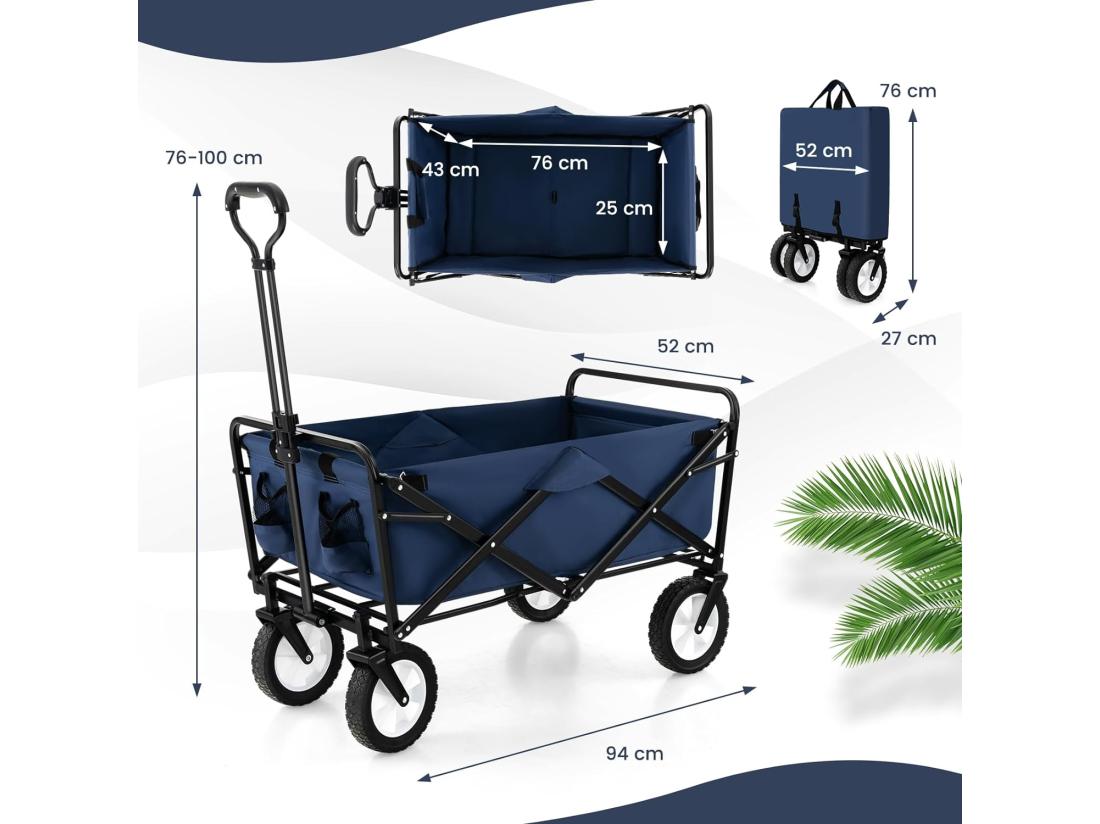 Vente Unique Chariot De Plage Pliable 82 L Chariot De Transport Avec Poignée Réglable Et Porte-Boissons Charge 68 Kg Chariot Utilitaire Extérieur Pour Jardin CamBoisg Pêche (Marine)