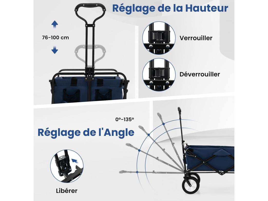 Vente Unique Chariot De Plage Pliable 82 L Chariot De Transport Avec Poignée Réglable Et Porte-Boissons Charge 68 Kg Chariot Utilitaire Extérieur Pour Jardin CamBoisg Pêche (Marine)