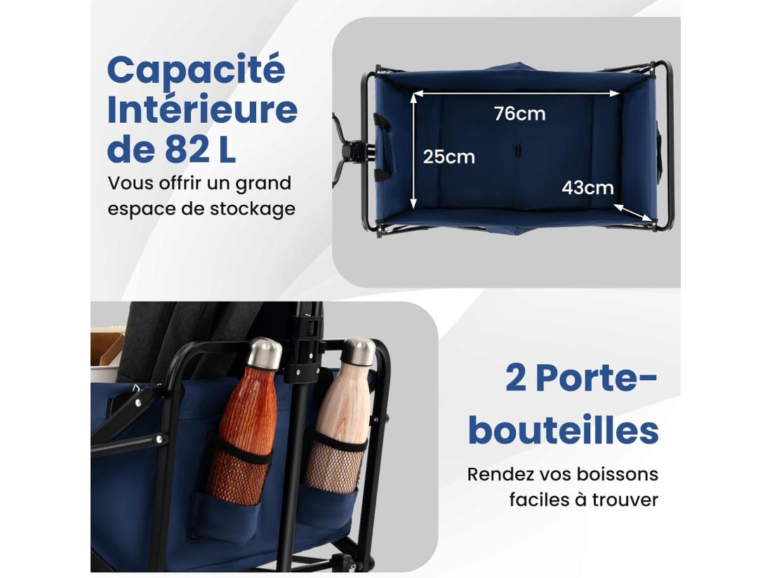 vente unique Chariot de Plage Pliable 82 L Chariot de Transport avec Poignée Réglable et Porte-Boissons Charge 68 kg Chariot Utilitaire Extérieur pour Jardin CamBoisg Pêche (Marine)