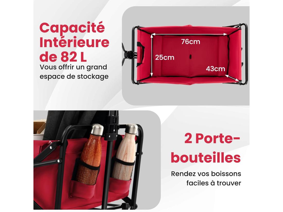 Vente Unique Chariot De Plage Pliable 82 L Chariot De Transport Avec Poignée Réglable Et Porte-Boissons Charge 68 Kg Chariot Utilitaire Extérieur Pour Jardin CamBoisg Pêche (Rouge)