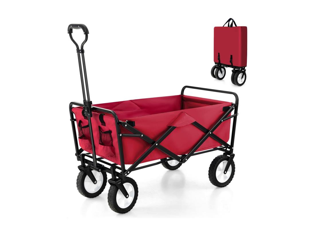 Vente Unique Chariot De Plage Pliable 82 L Chariot De Transport Avec Poignée Réglable Et Porte-Boissons Charge 68 Kg Chariot Utilitaire Extérieur Pour Jardin CamBoisg Pêche (Rouge)