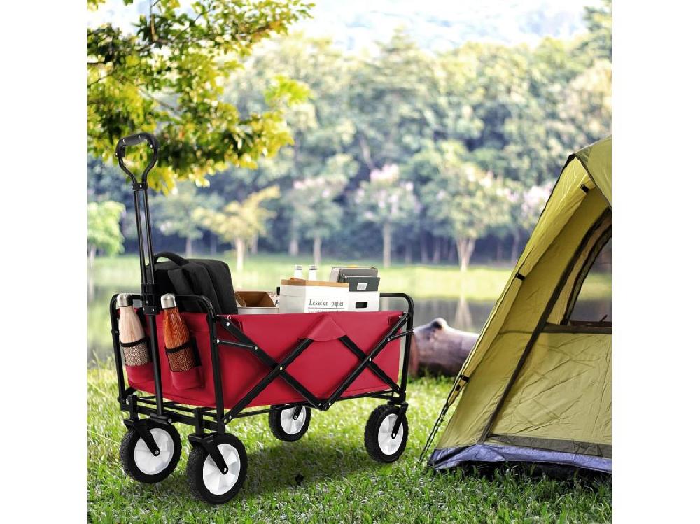Vente Unique Chariot De Plage Pliable 82 L Chariot De Transport Avec Poignée Réglable Et Porte-Boissons Charge 68 Kg Chariot Utilitaire Extérieur Pour Jardin CamBoisg Pêche (Rouge)