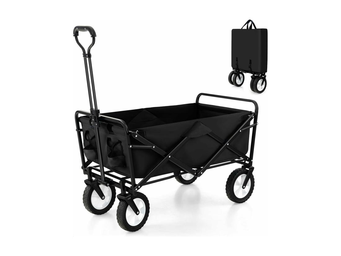 vente unique Chariot de Plage Pliable 82 L Chariot de Transport avec Poignée Réglable et Porte-Boissons Charge 68 kg Chariot Utilitaire Extérieur pour Jardin Camping Pêche (Noir)
