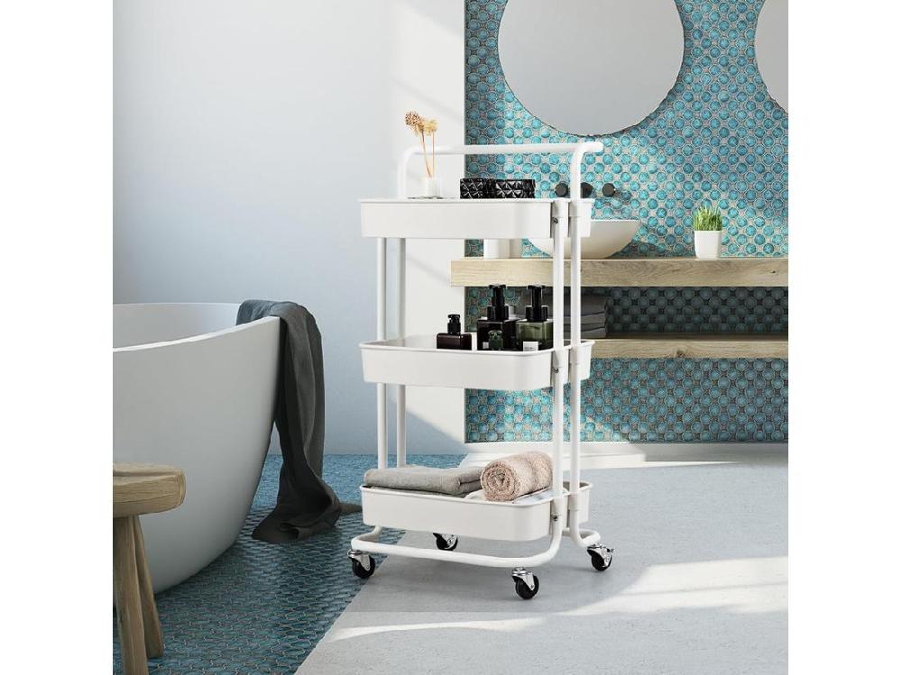 Vente Unique Chariot De Service à Roulettes Avec 3 PaniersGrillagés En Métal Anti-Rouille 42 X 35 X 87 CM Charge Max. 60KG（Blanc)