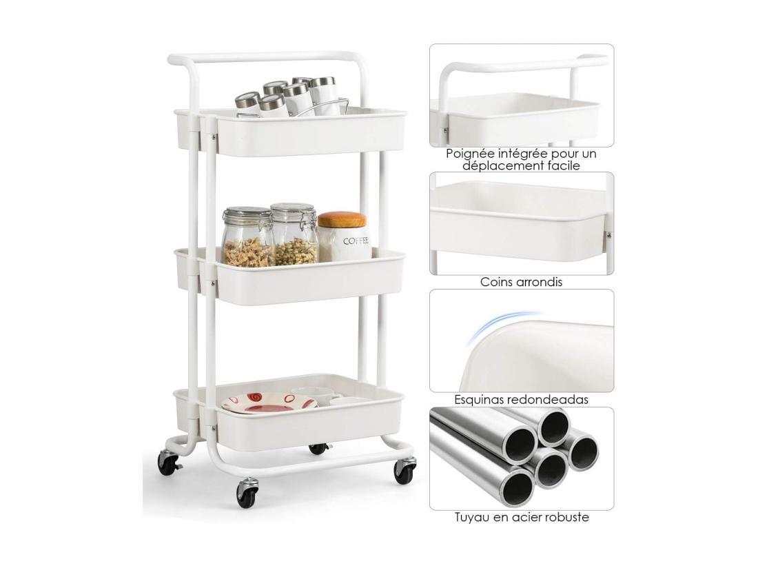 Vente Unique Chariot De Service à Roulettes Avec 3 PaniersGrillagés En Métal Anti-Rouille 42 X 35 X 87 CM Charge Max. 60KG（Blanc)