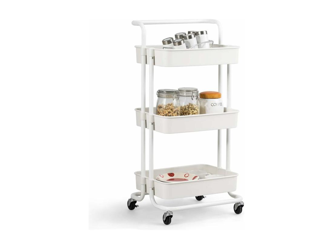 vente unique Chariot de Service à Roulettes avec 3 PaniersGrillagés en Métal Anti-Rouille 42 x 35 x 87 CM Charge Max. 60KG（Blanc)