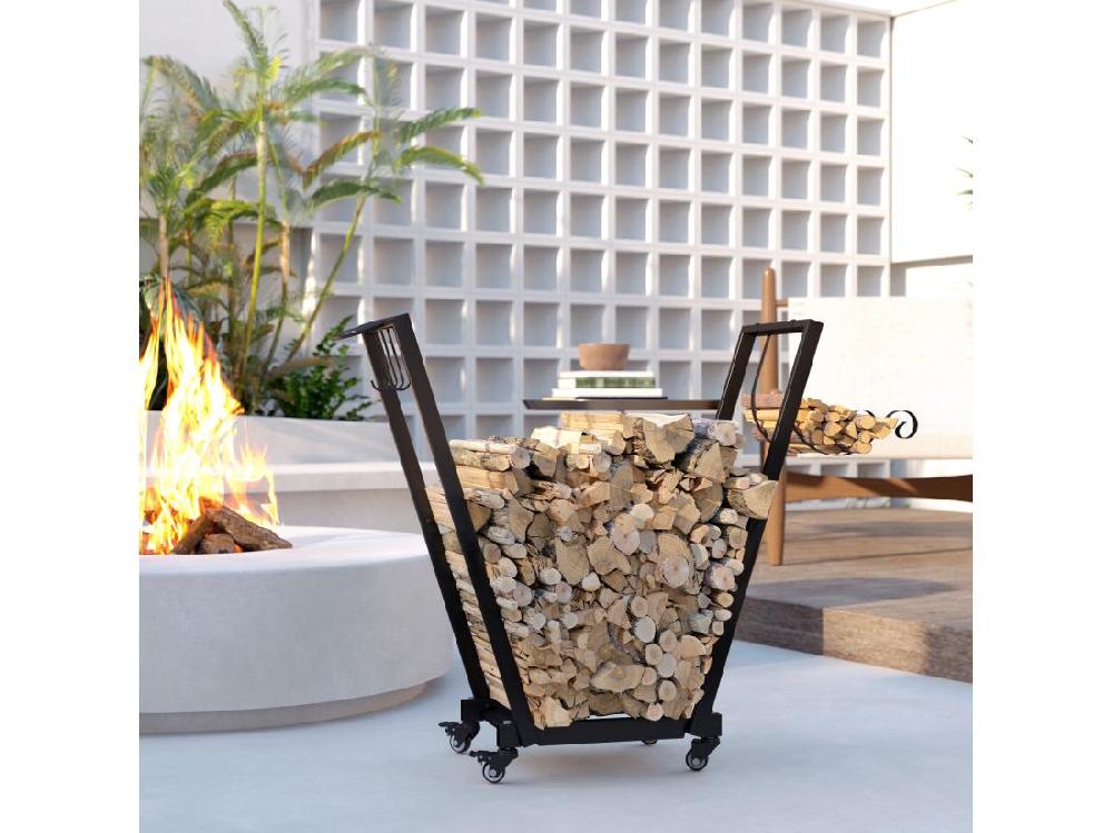 vente unique Chariot porte-bûches range-bûches 2 en 1 - 4 crochets à ustensiles 2 crochets à bois - métal noir