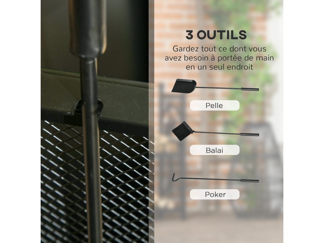 Vente Unique Chariot - Porte Bûches - Range Bûches - Multi-accessoires Avec 2 Roulettes Métal Noir