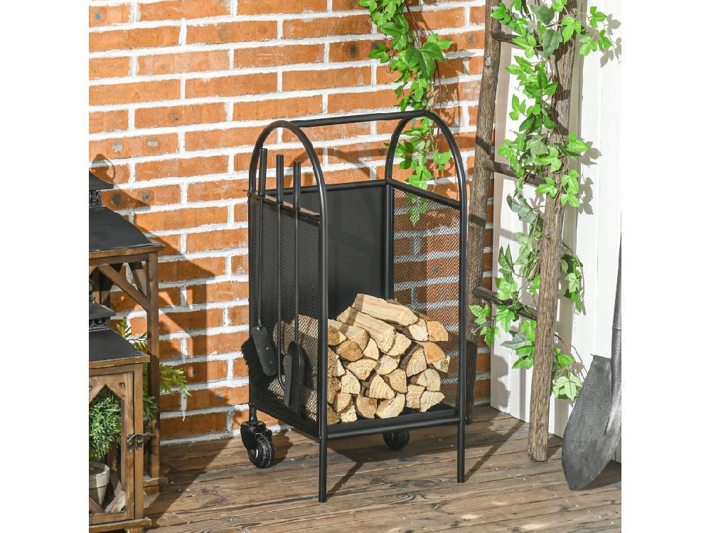 Vente Unique Chariot - Porte Bûches - Range Bûches - Multi-accessoires Avec 2 Roulettes Métal Noir