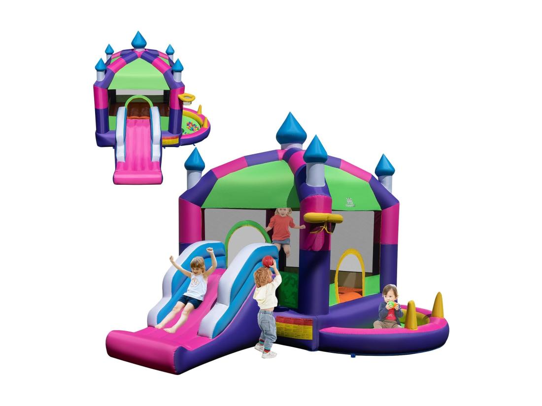 vente unique Château Gonflable 5 en 1 avec Toit & Toboggan Aire de Jeux Gonflable avec Piscine & Panier de Basketball Maison de Rebond pour 2 Enfants de 3-10 Ans