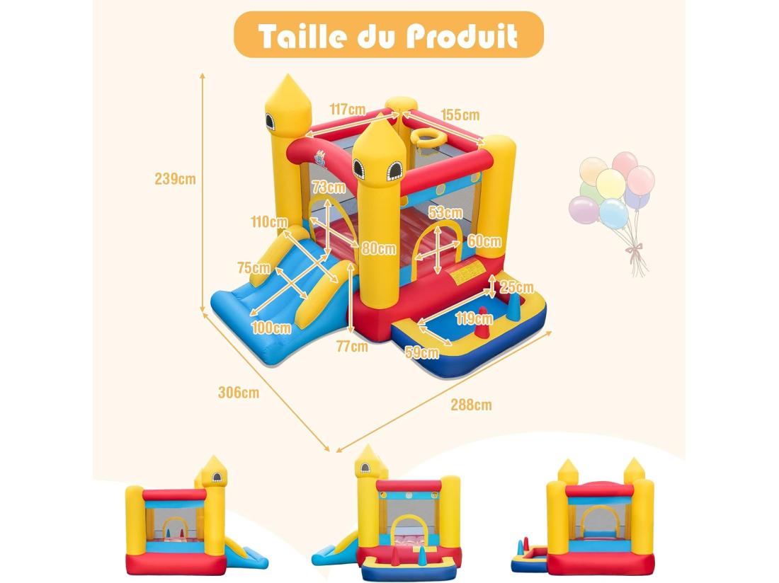 Vente Unique Château Gonflable 6 En 1 Enfants Avec Souffleur 480W Maison De Saut Gonflable En Tissu Et Velours Oxford Avec Piscine à Balles Panier De Basket Toboggan 50 Balles Pour Jardin Pelouse Fête 3-10 Ans