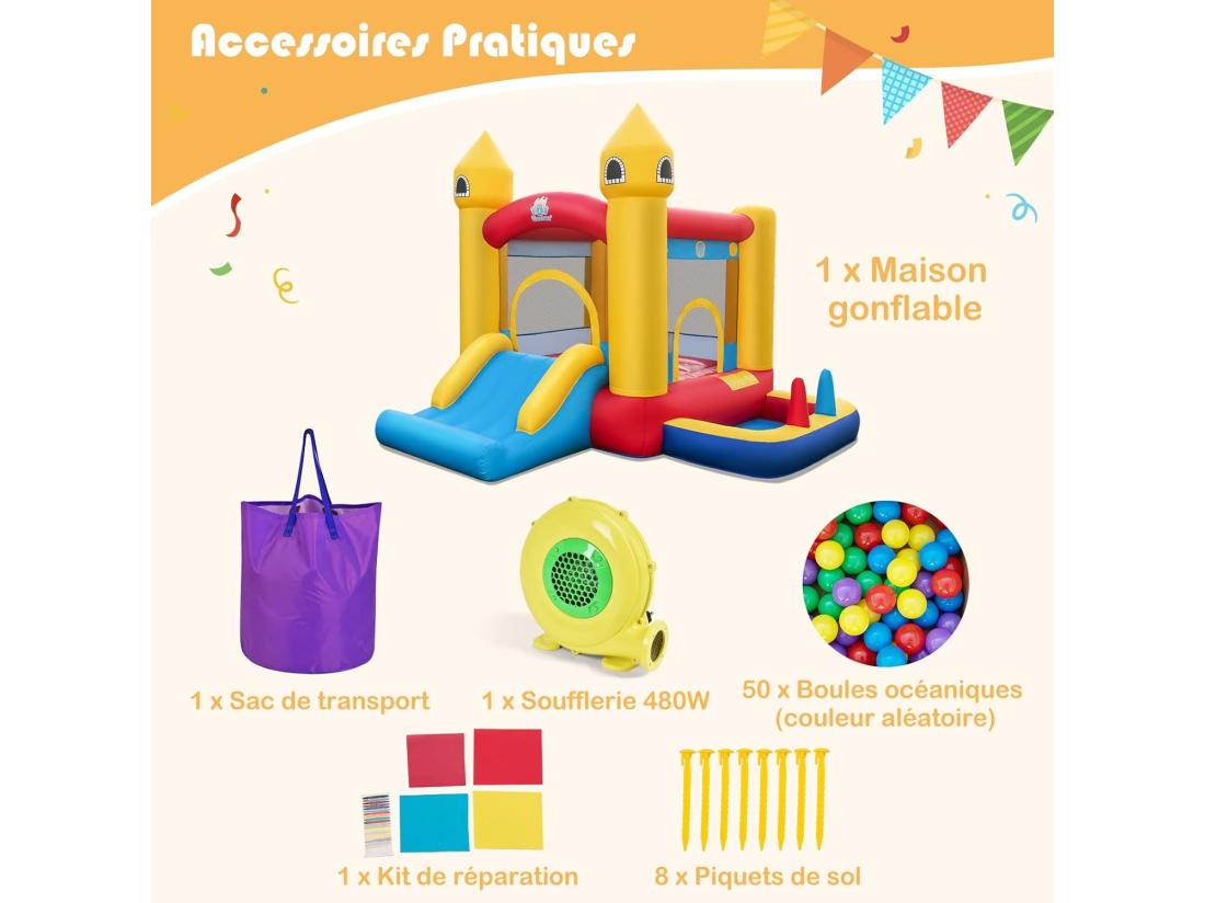 Vente Unique Château Gonflable 6 En 1 Enfants Avec Souffleur 480W Maison De Saut Gonflable En Tissu Et Velours Oxford Avec Piscine à Balles Panier De Basket Toboggan 50 Balles Pour Jardin Pelouse Fête 3-10 Ans