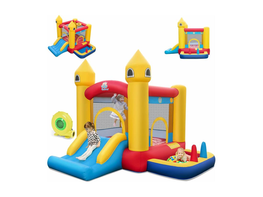 Vente Unique Château Gonflable 6 En 1 Enfants Avec Souffleur 480W Maison De Saut Gonflable En Tissu Et Velours Oxford Avec Piscine à Balles Panier De Basket Toboggan 50 Balles Pour Jardin Pelouse Fête 3-10 Ans