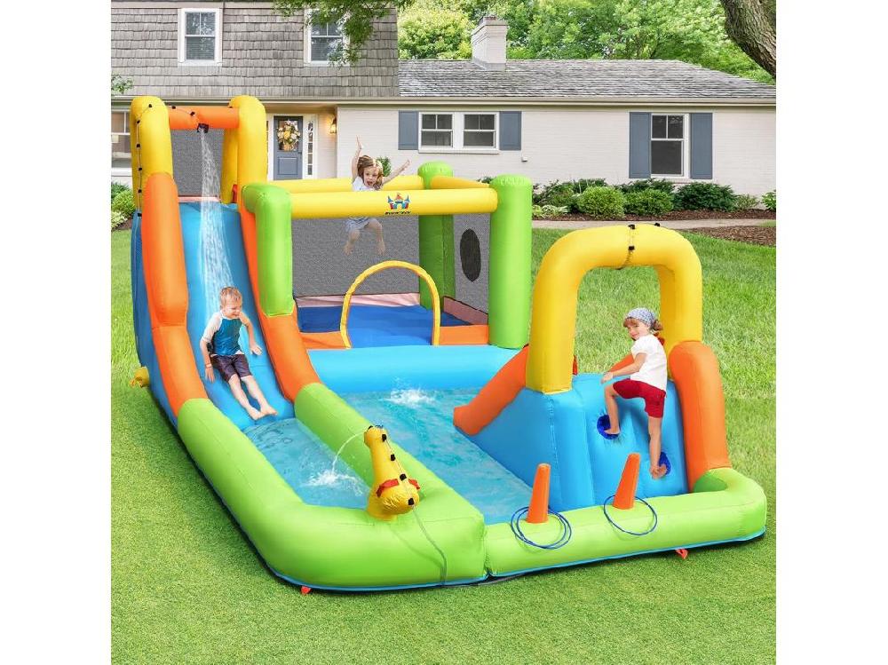 Vente Unique Château Gonflable 8 En 1 Avec 2 Toboggans Parc Aquatique Avec Maison De Saut Mur D'Escalade Panier De Basket Sac De Transport Charge 135kg Pour 3 Enfants De 3-10 Ans (Sans Souffleur)