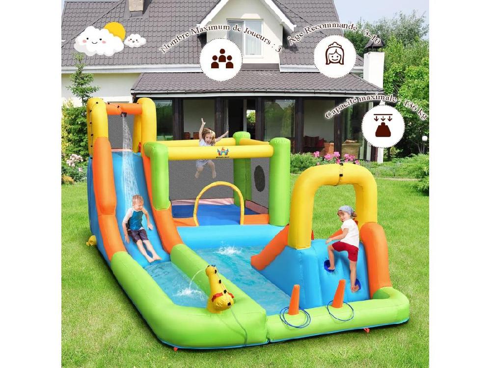 Vente Unique Château Gonflable 8 En 1 Avec 2 Toboggans Parc Aquatique Avec Maison De Saut Mur D'Escalade Panier De Basket Sac De Transport Charge 135kg Pour 3 Enfants De 3-10 Ans (Sans Souffleur)