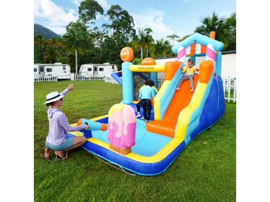 Vente Unique Château Gonflable Avec Auvent Toboggan Trampoline Pistolets à Eau - Parc Aquatique Avec Souffleur - 395x340x236cm