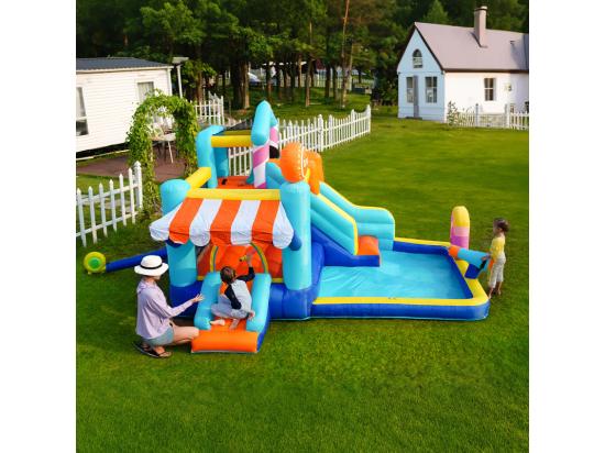 Vente Unique Château Gonflable Avec Auvent Toboggan Trampoline Pistolets à Eau - Parc Aquatique Avec Souffleur - 395x340x236cm