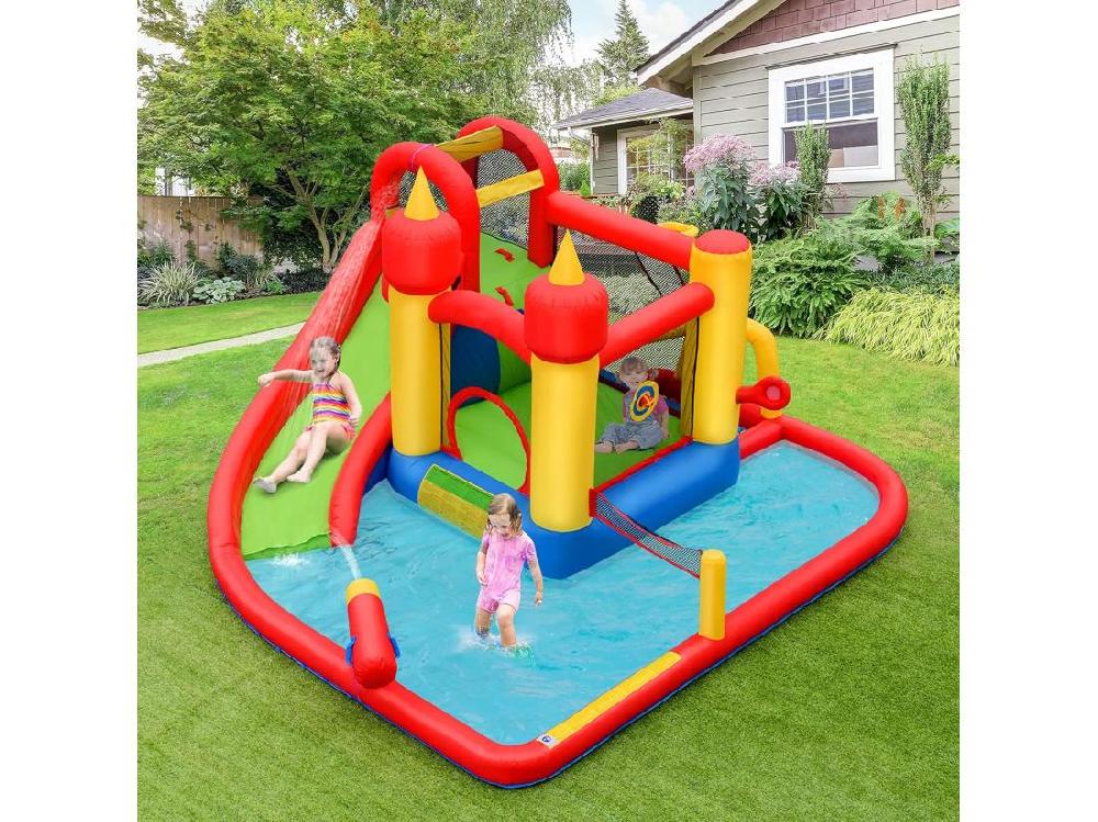 Vente Unique Château Gonflable Avec Souffleur 610W Toboggan Aquatique Pataugeoire Cercle De Basket Sac Kit De Réparation 30 Ballons