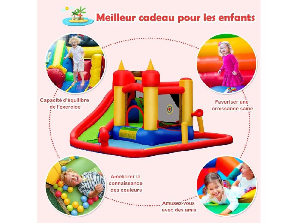 Vente Unique Château Gonflable Avec Souffleur 610W Toboggan Aquatique Pataugeoire Cercle De Basket Sac Kit De Réparation 30 Ballons