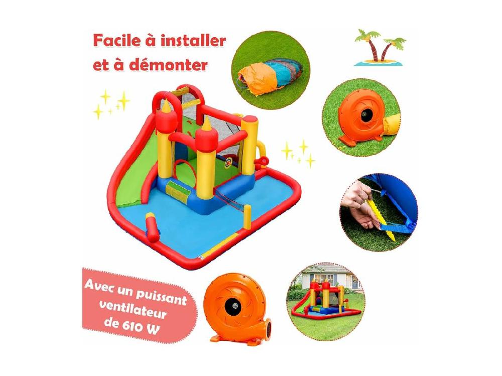 Vente Unique Château Gonflable Avec Souffleur 610W Toboggan Aquatique Pataugeoire Cercle De Basket Sac Kit De Réparation 30 Ballons