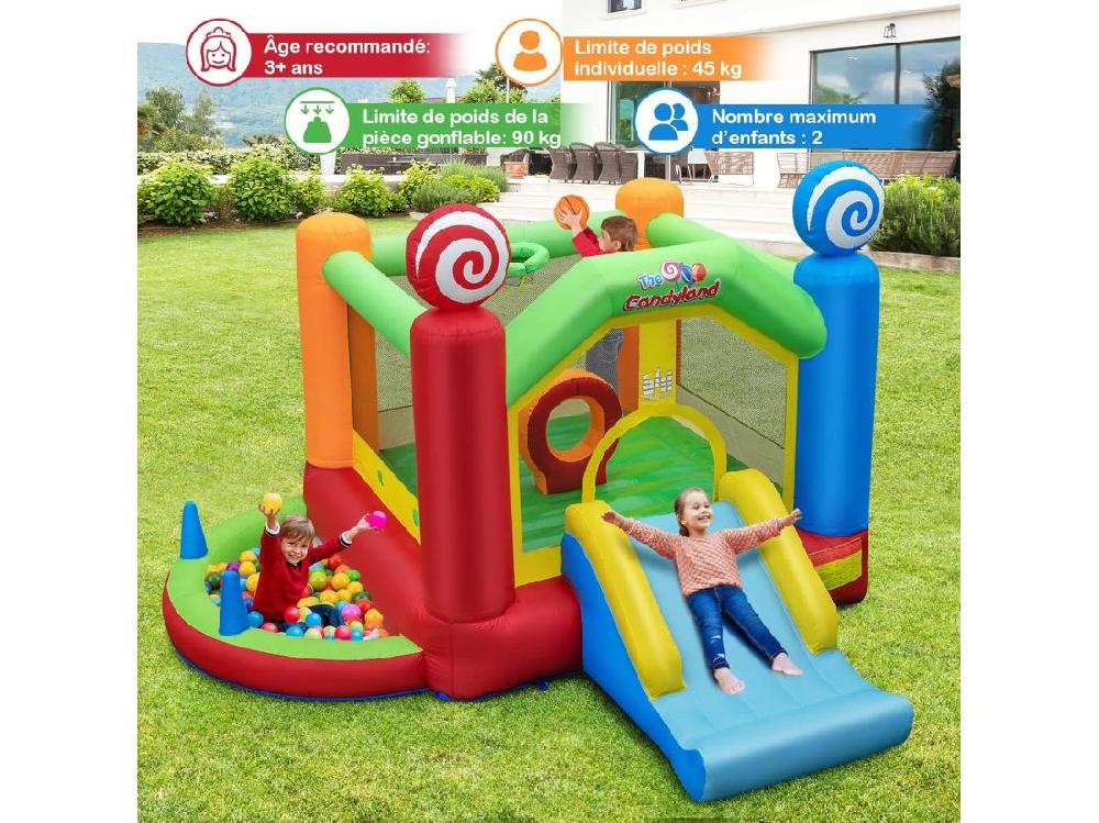 Vente Unique Château Gonflable Avec Souffleur 680W Maison De Saut Géante Intérieure Extérieure Avec Toboggan Décorations De Sucette 50 Balles Océanique Panier De Basket-Ball Pour Enfants 3 Ans +