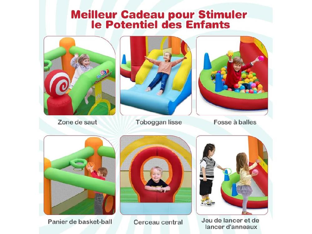 Vente Unique Château Gonflable Avec Souffleur 680W Maison De Saut Géante Intérieure Extérieure Avec Toboggan Décorations De Sucette 50 Balles Océanique Panier De Basket-Ball Pour Enfants 3 Ans +