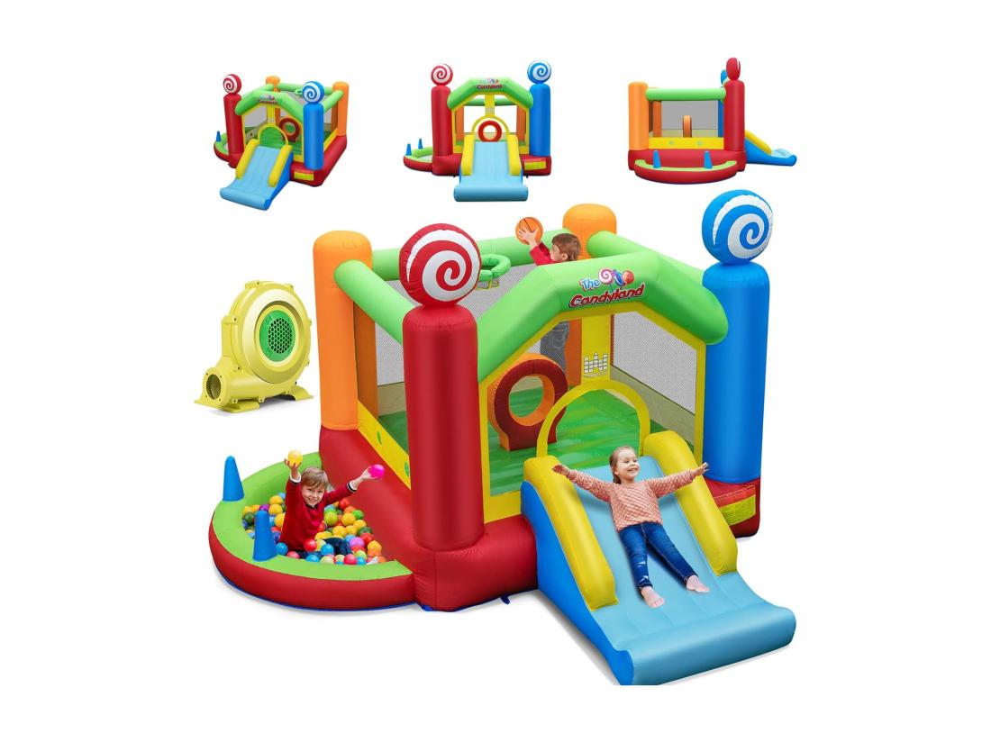 vente unique Château Gonflable avec Souffleur 680W Maison de Saut Géante Intérieure Extérieure avec Toboggan Décorations de Sucette 50 Balles Océanique Panier de Basket-Ball pour Enfants 3 Ans +