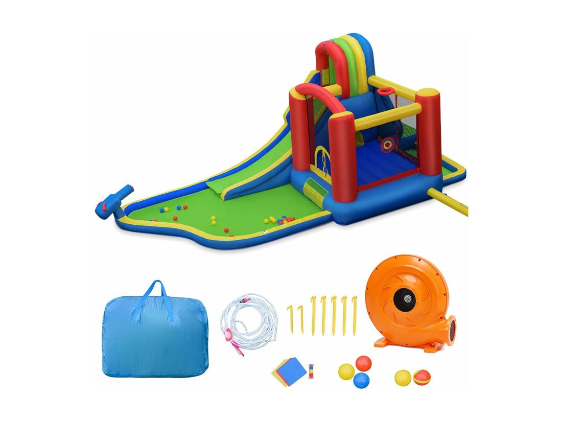 Vente Unique Château Gonflable Avec Soufleur 450W Aires De Jeux Avec Toboggan Mur D’Escalade Trampoline&Canon Eau Pour Enfant 3-10 Ans