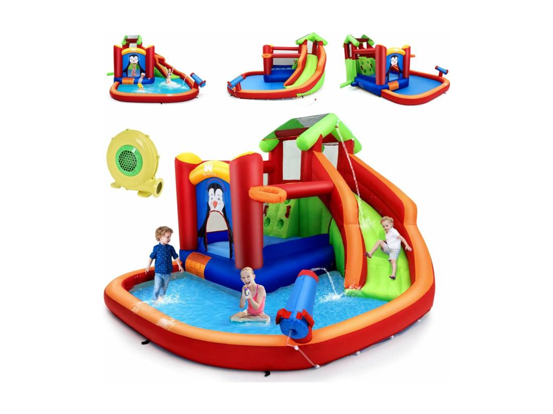 Vente Unique Château Gonflable Avec Toboggans Aquatiques Aire De Jeux Gonflable Piscine Avec Motif De Boisgouin Canon à Eau Panier De Basket-Ball 3 à 10 Ans Rouge Avec Souffleur 680W