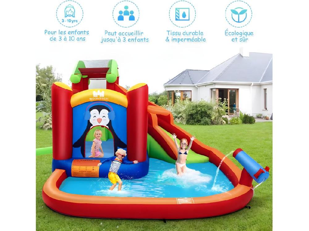 Vente Unique Château Gonflable Avec Toboggans Aquatiques Aire De Jeux Gonflable Piscine Avec Motif De Boisgouin Canon à Eau Panier De Basket-Ball 3 à 10 Ans Rouge Avec Souffleur 680W