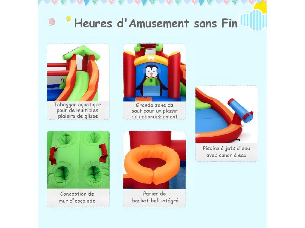 Vente Unique Château Gonflable Avec Toboggans Aquatiques Aire De Jeux Gonflable Piscine Avec Motif De Boisgouin Canon à Eau Panier De Basket-Ball 3 à 10 Ans Rouge Sans Souffleur 680W
