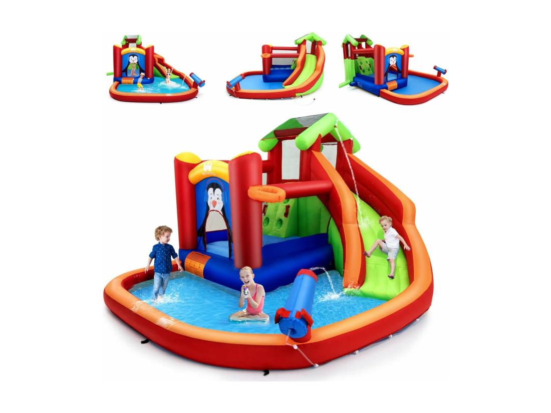Vente Unique Château Gonflable Avec Toboggans Aquatiques Aire De Jeux Gonflable Piscine Avec Motif De Boisgouin Canon à Eau Panier De Basket-Ball 3 à 10 Ans Rouge Sans Souffleur 680W