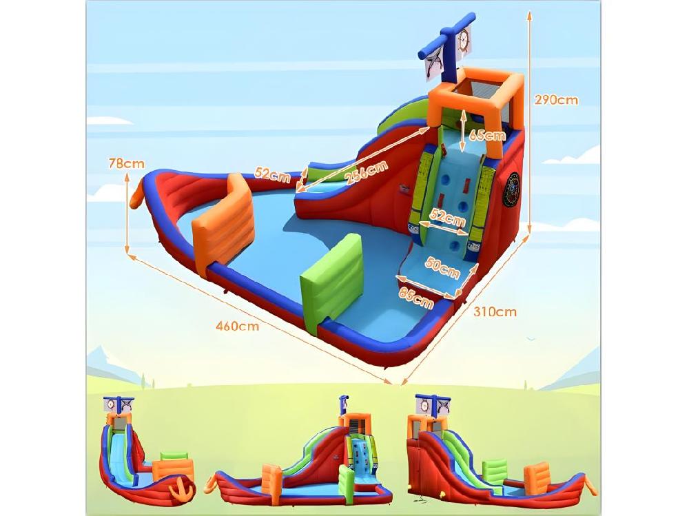 Vente Unique Château Gonflable Bateau Pirate 6 En 1 316 5 X 428 5 X 286 Cm Avec Long Toboggan Mur D'escalade Pataugeoire Jeu De Fléchettes Lancer D'Anneaux Et Pistolets à Eau Sans Souffleur