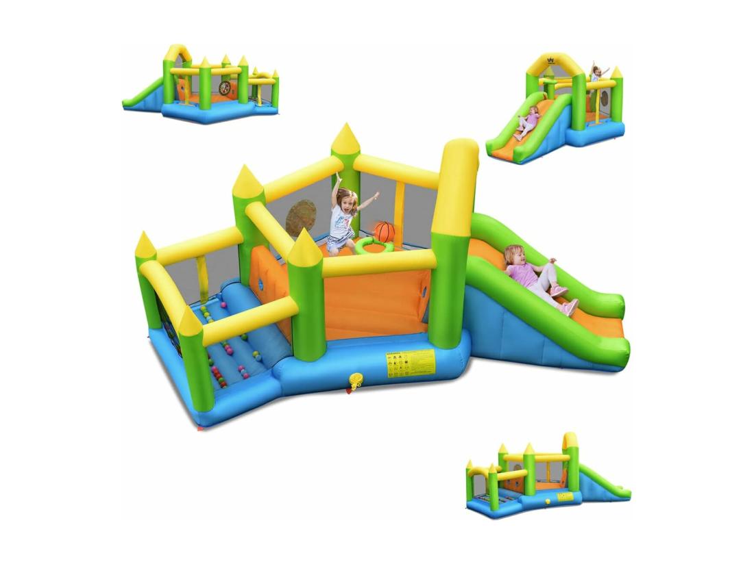vente unique Château Gonflable en Forme de Pentagone avec Toboggan Maison de Rebond Gonflable avec Piscine à Balles Panier de Basket Intérieur Extérieur pour 3 Enfants de 3-10 Ans（sans souffleur)