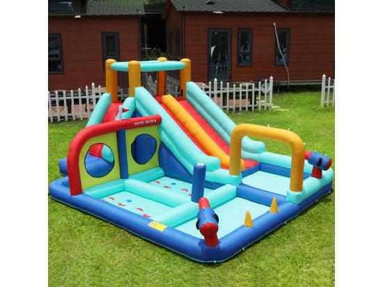 Vente Unique Château Gonflable Parc Aquatique Avec Souffleur 2 Toboggan Et Pistolet à Eau 3 à 8 Ans 365x450x217cm
