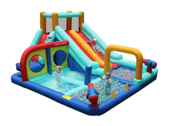 vente unique Château gonflable parc aquatique avec souffleur 2 toboggan et pistolet à eau 3 à 8 ans 365x450x217cm