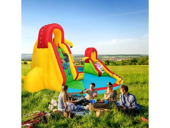 Vente Unique Château Gonflable Pour 3 Enfants 3-10 Ans Avec 2 Toboggans Bassin D'Eclaboussement Terrain De Basket Charge Max160KG Extérieur Souffleur Non-Inclus