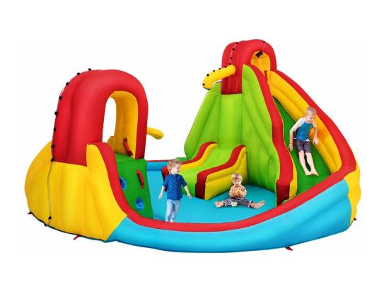 Vente Unique Château Gonflable Pour 3 Enfants 3-10 Ans Avec 2 Toboggans Bassin D'Eclaboussement Terrain De Basket Charge Max160KG Extérieur Souffleur Non-Inclus