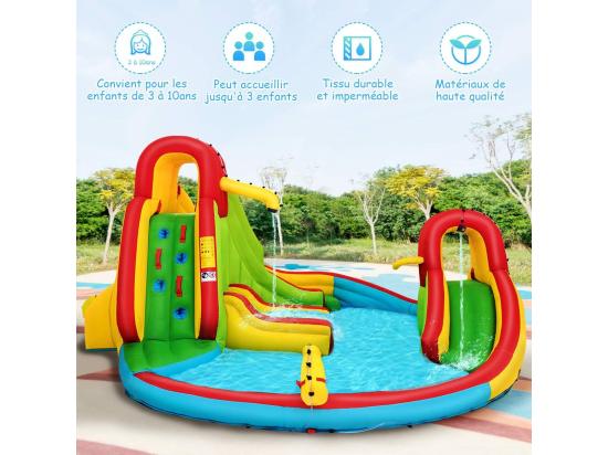Vente Unique Château Gonflable Pour 3 Enfants 3-10 Ans Avec 2 Toboggans Bassin D'Eclaboussement Terrain De Basket Charge Max160KG Extérieur Souffleur Non-Inclus