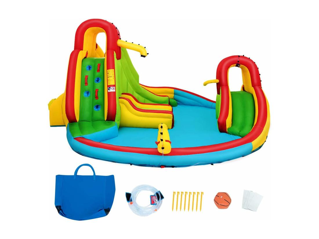 vente unique Château Gonflable pour 3 Enfants 3-10 Ans avec 2 Toboggans Bassin d'Eclaboussement Terrain de Basket Charge Max160KG Extérieur Souffleur Non-Inclus