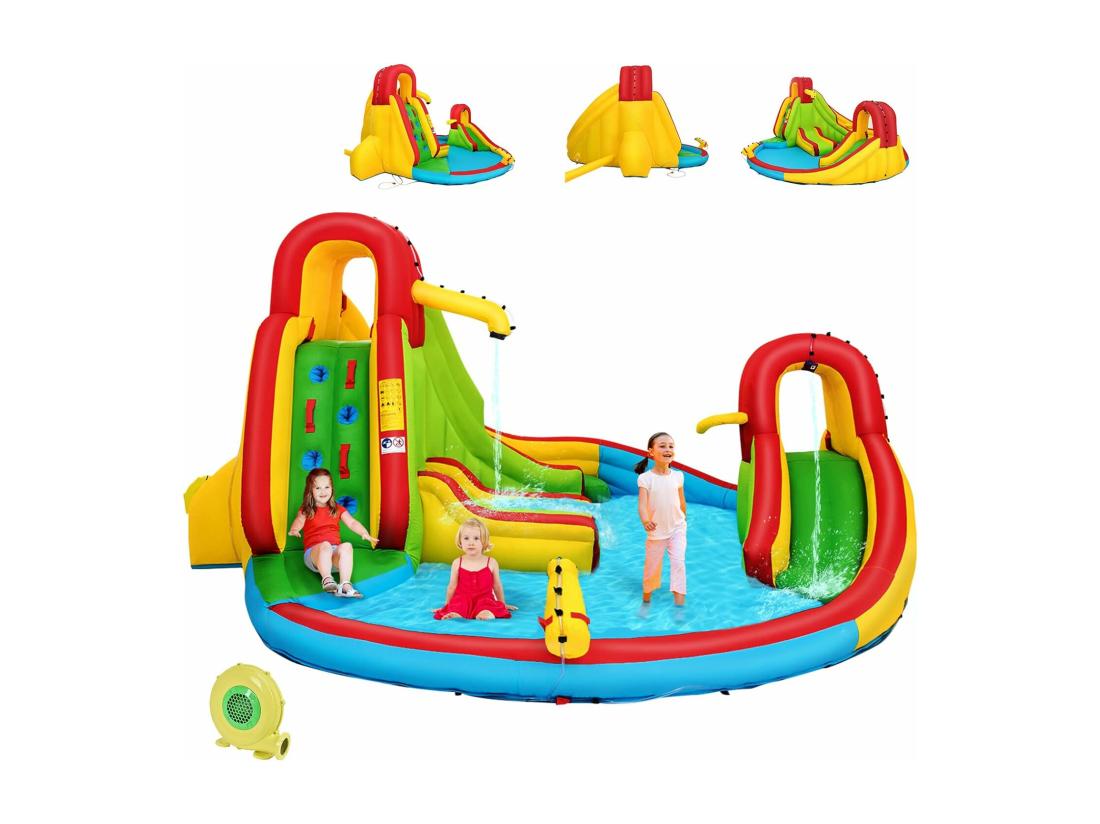 Vente Unique Château Gonflable Pour 3 Enfants Avec Souffleur 680W 2 Toboggans Bassin D'Eclaboussement Canon à Eau Charge Max 160KG