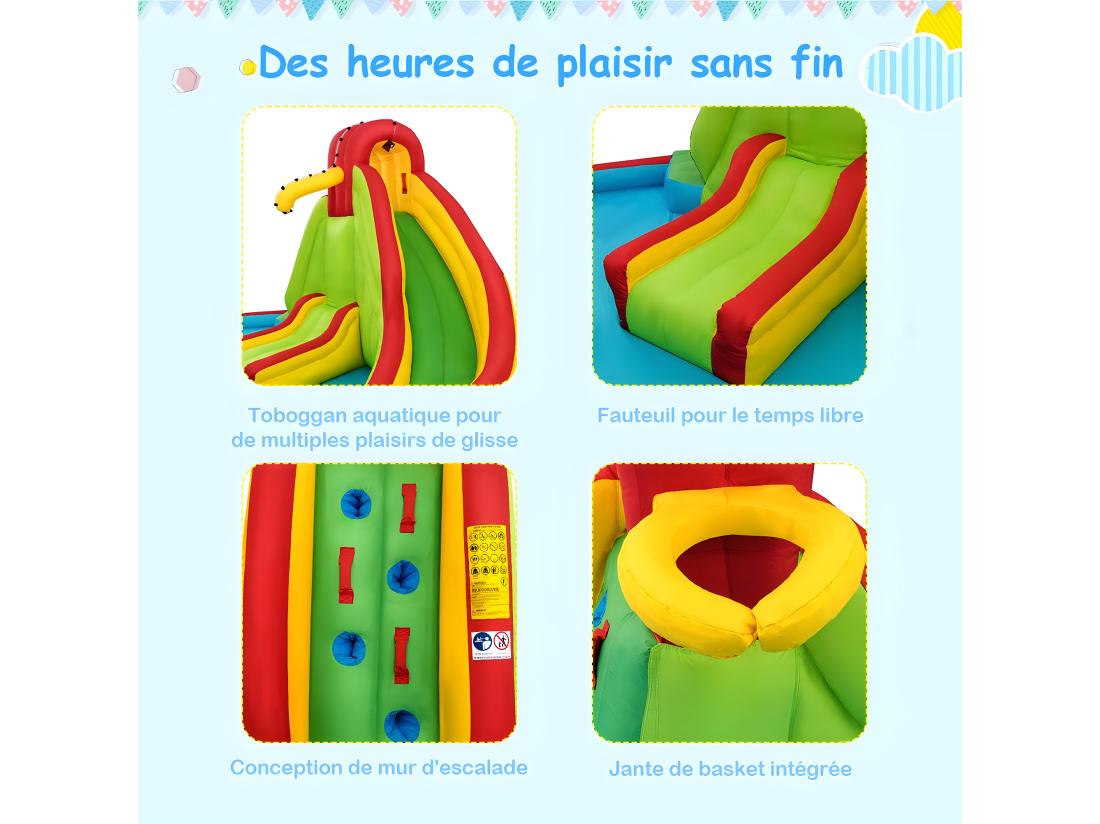Vente Unique Château Gonflable Pour 3 Enfants Avec Souffleur 680W 2 Toboggans Bassin D'Eclaboussement Canon à Eau Charge Max 160KG