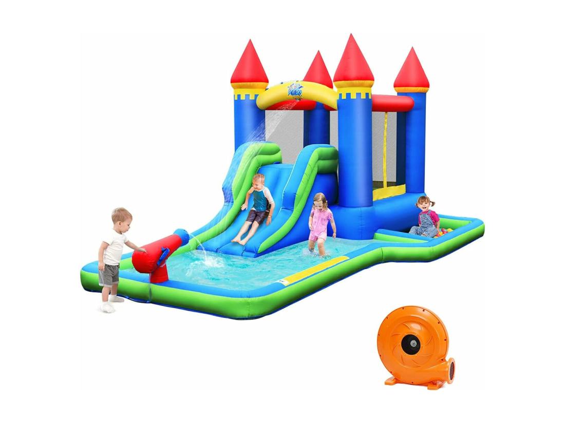 Vente Unique Château Gonflable Pour Enfants 6-en-1 Avec Souffleur 450W Toboggan Pataugeoire Balles à Piscine Sac Et Kit De Réparation