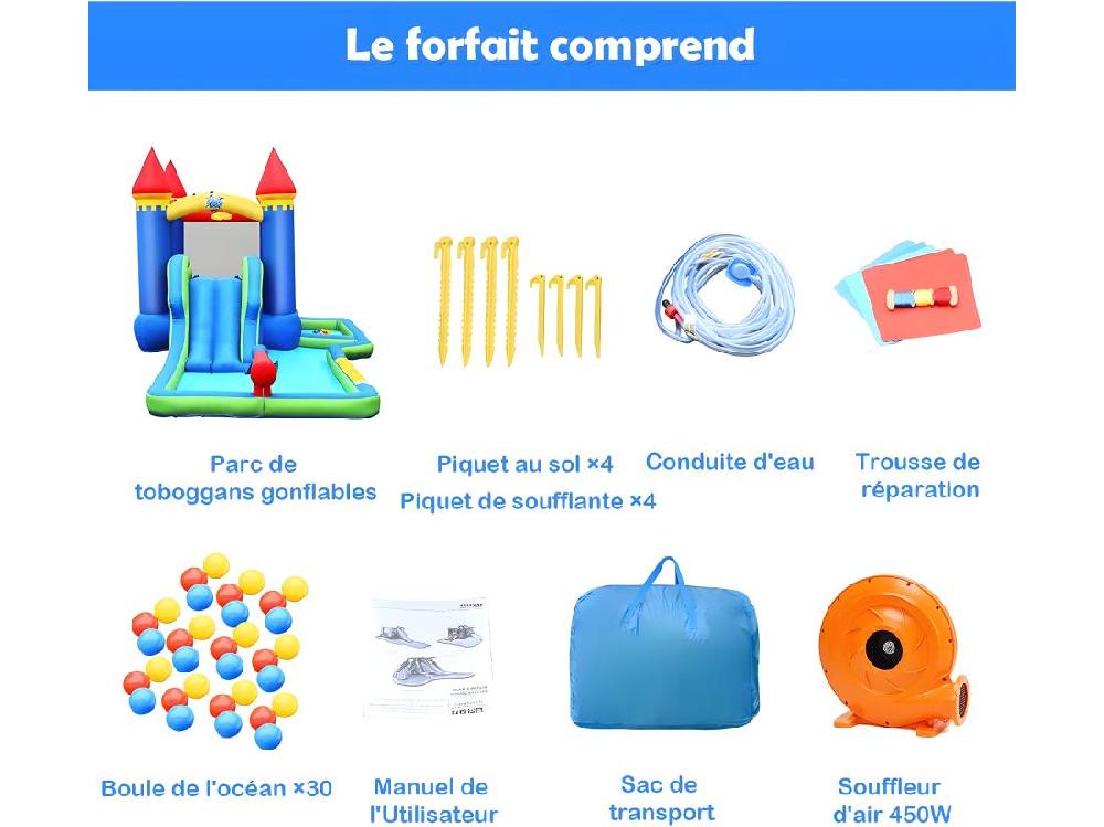 Vente Unique Château Gonflable Pour Enfants 6-en-1 Avec Souffleur 450W Toboggan Pataugeoire Balles à Piscine Sac Et Kit De Réparation