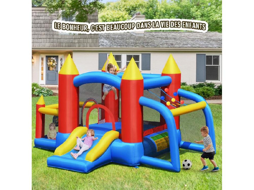 Vente Unique Château Gonflable Pour Enfants Avec Souffleur 450W Toboggan 60 Boules Colorées Jeux De Fléchettes But De Football Sac