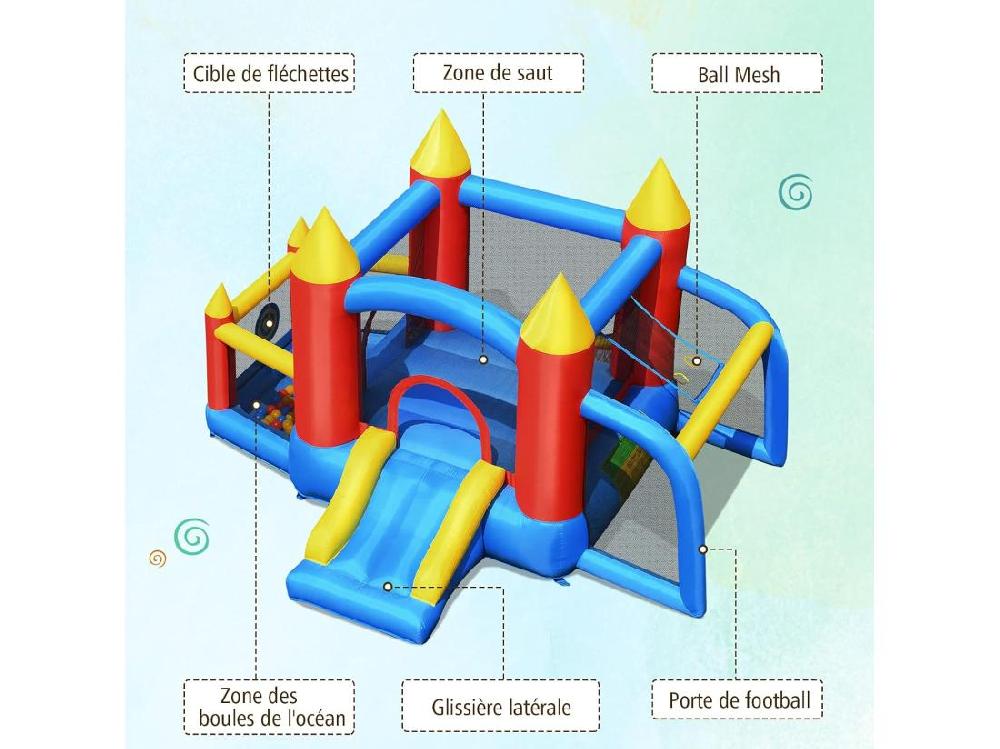 Vente Unique Château Gonflable Pour Enfants Avec Souffleur 450W Toboggan 60 Boules Colorées Jeux De Fléchettes But De Football Sac