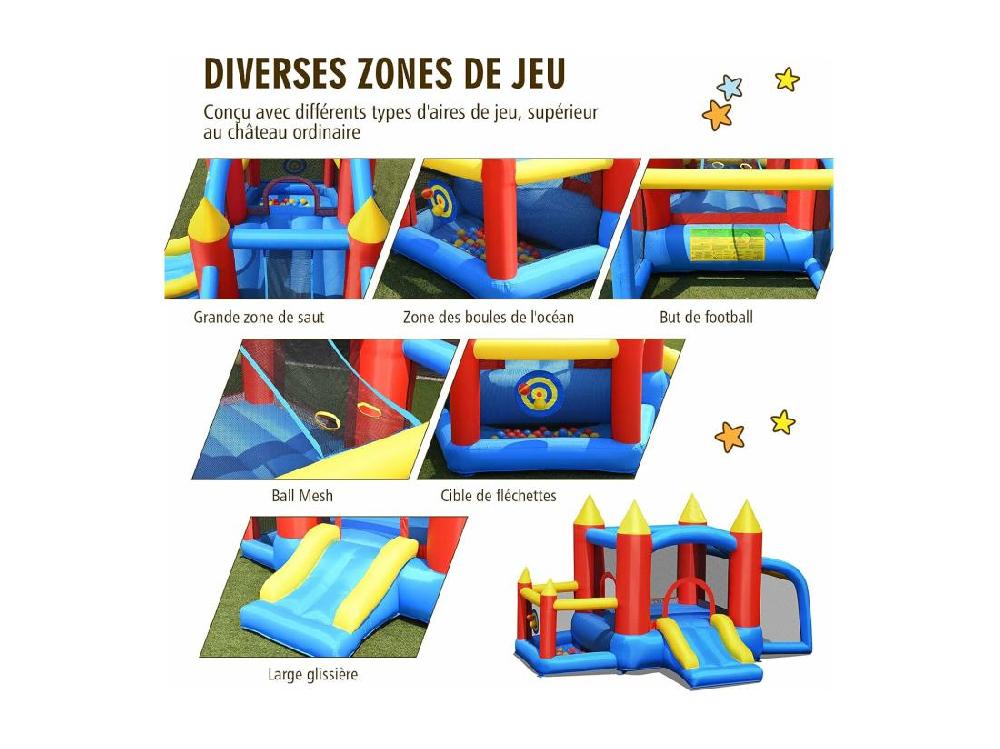 Vente Unique Château Gonflable Pour Enfants Avec Souffleur 450W Toboggan 60 Boules Colorées Jeux De Fléchettes But De Football Sac