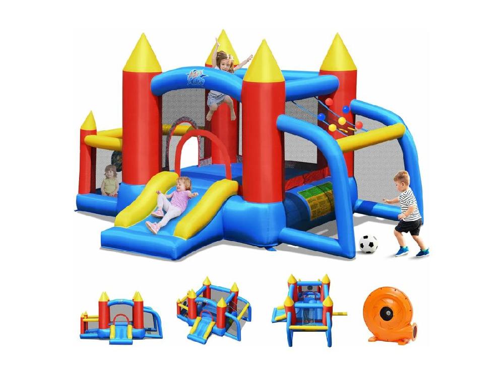 vente unique Château Gonflable pour Enfants avec Souffleur 450W Toboggan 60 Boules Colorées Jeux de Fléchettes But de Football Sac
