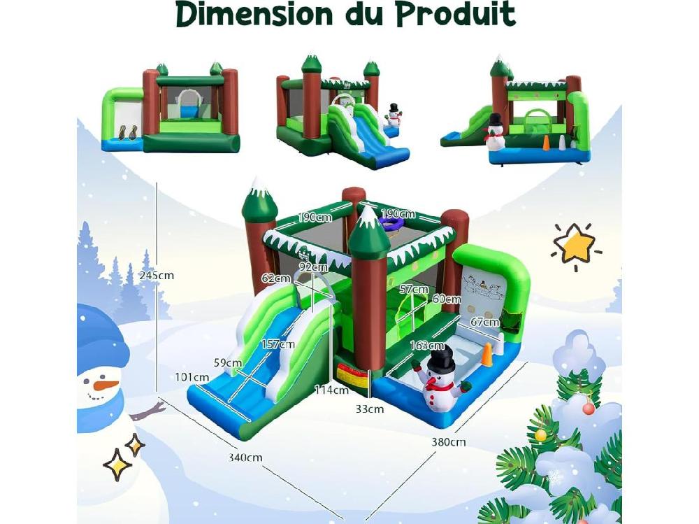 Vente Unique Château Gonflable Sur Thème De L'hiver Avec Toboggan & Souffleur 735W Maison De Saut Gonflable Avec Panier & Lancer D'Anneaux Intérieur Extérieur Charge 135kg Pour 3 Enfants De 3-10 Ans